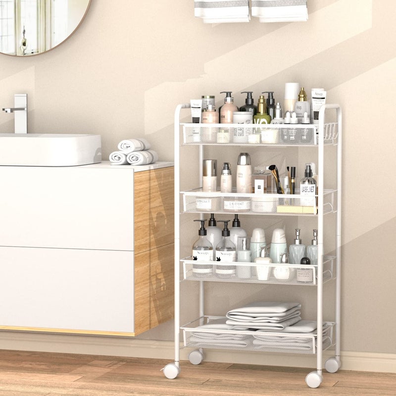 OVICAR 4 Tier Mesh Wire Rolling Cart, Kitchen Storage Organizer Utility Cart, Full Metal Basket Storage Art Trolley Carts with Wheels & 4 Side Hooks - Image 4